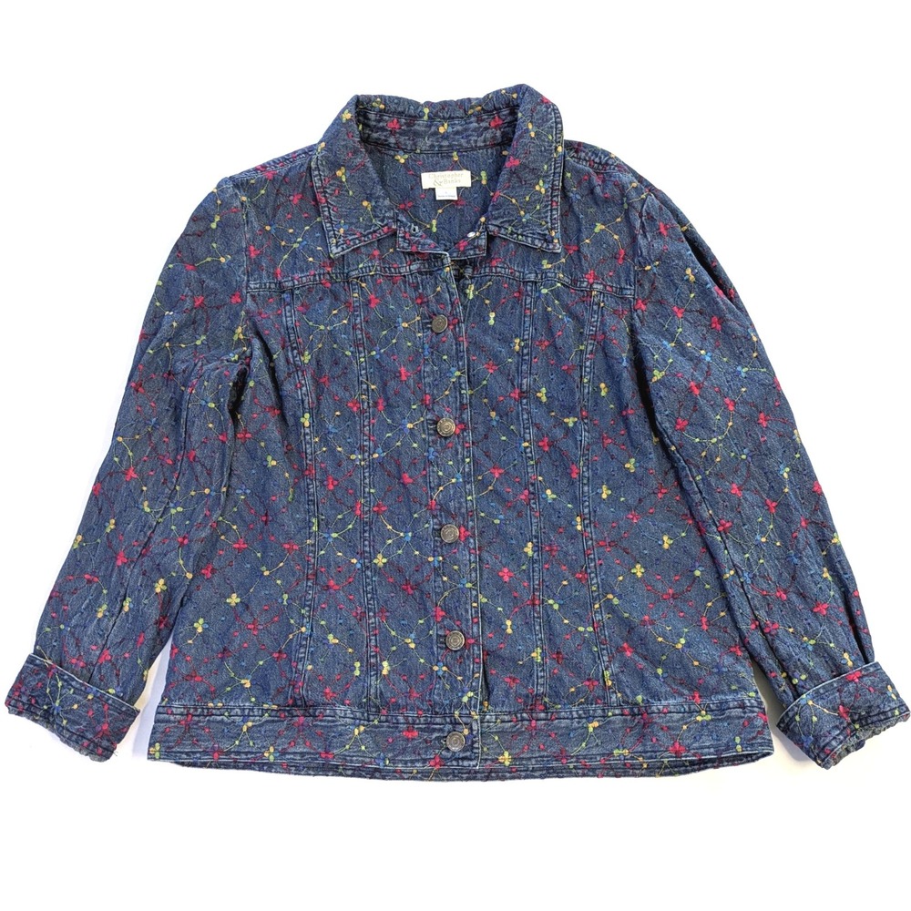 Christopher & Banks Womens Large Denim Jacket Rainbow Embroidery Blue Trucker L